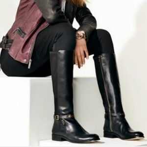 Michael Kors Black Leather Over the Knee Boots with Gold Accents